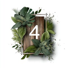 Rustic wooden frame with number four, adorned by lush tropical leaves, gold flecks, and a silver border, set against a white background