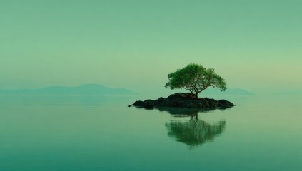 Serene landscape featuring a lone tree on a small, dark rock in the center of a calm, teal-colored lake, mirroring its image perfectly, with hazy mountains in the background under a muted sky
