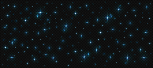 Vector starry night sky overlay. Realistic glowing blue stars on a transparent background. © Kolerowa