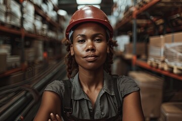 Confident female worker poses in a warehouse surrounded by various materials during the afternoon shift