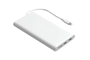 White rectangular portable power bank with a USB-C cable