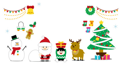 Fototapeta premium Cute Christmas Illustration Set (Santa, Reindeer, Presents, Tree, Snowman) – no text, transparent background（クリスマスイラスト） 