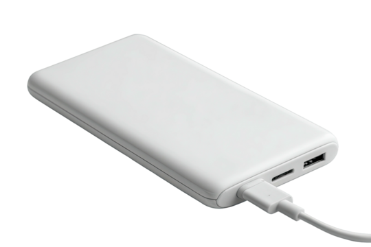 White portable power bank with charging cable