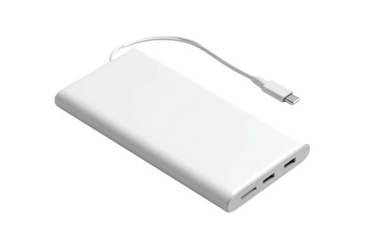 White rectangular portable power bank with a USB-C cable