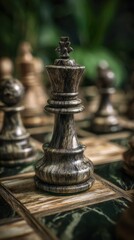 Close-up of a dark-wood chess queen on a marble board, other pieces blurred in the background, suggestive of strategy and power