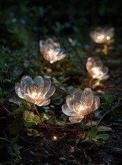 Illuminated translucent flower-shaped solar pathway lights nestled in a garden at night, emitting a soft warm glow