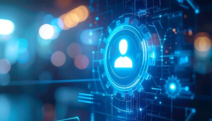 Futuristic blue HUD displaying user profile icon and gear symbol on a blurry background of digital lights.