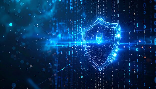 Digital Security Shield, Abstract Cyber Defense, Glowing Hologram Icon, Binary Data Protection
