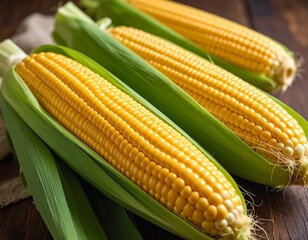 Fresh corn on the cob on a wooden surface