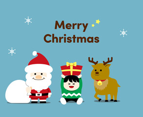 Cute Christmas Illustration (Santa, Reindeer, Presents) – with text, background（クリスマスイラスト）