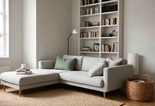 Cozy living room with a grey sectional sofa and a large built-in bookshelf