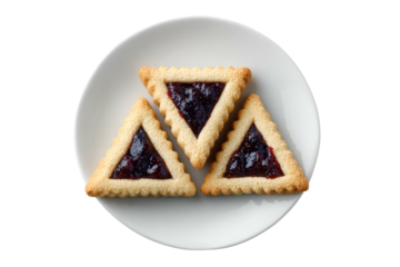 Three triangular cookies filled with a dark red jam, on a white plate.  Top down view