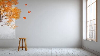 Minimalist room with white walls, wooden floors, a small stool, and an autumnal tree decal on the wall, accented by floating leaves. Natural light streams through a large window