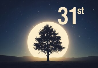 Silhouette of a tree against a large moon with the number 31st isolated on white background