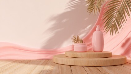 Pastel pink cosmetic products displayed on a wooden two-tiered stand, draped with flowing pink fabric and palm fronds, against a soft pink backdrop with leaf shadows