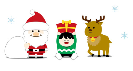 Cute Christmas Illustration (Santa, Reindeer, Presents) – no text, transparent background（クリスマスイラスト） 
