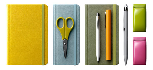 Isolated Colorful Notebooks with Scissors and Pens on Transparent Background