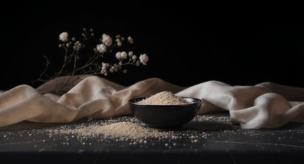 Fine Granules in a Dark Bowl with Delicate Flowers and Flowing Fabric