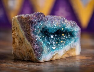 Raw geode with a cavity of sparkling teal crystals, framed by amethyst and tan outer layers, sits on a dark wooden surface against a blurred purple background
