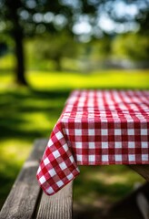 Red and white checkered tablecloth on a picnic table outdoors, sunlight dappling the grassy background