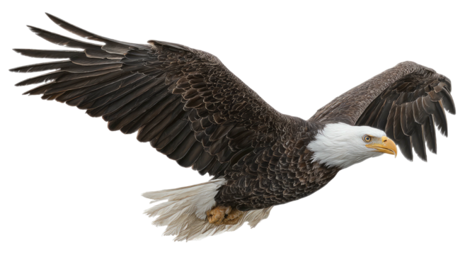 Bald eagle in flight against a black background