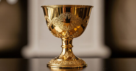 Ceremonial golden chalice with engraved star symbol on surface  