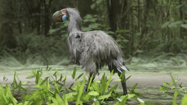 A 3D animation of the extinct terror bird Gastornis walking in a mid-Paleocene forest 50 million years ago. They were 2.15 m (7 ft 1 in) in height