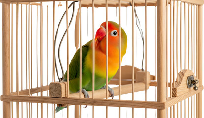 Small brightly colored lovebird with green orange and yellow plumage perched inside a light wooden birdcage with thin vertical bars parrot small bird pet bird