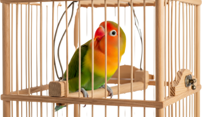 Small brightly colored lovebird with green orange and yellow plumage perched inside a light wooden birdcage with thin vertical bars parrot small bird pet bird