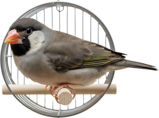 A close up image of a Java sparrow bird perched on a wooden dowel inside a partial silver circular birdcage wire frame pet perching animal avian finch