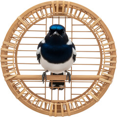 Small black and white bird with iridescent blue head feathers perched inside a round woven wicker birdcage against a dark background Magpielark Animal