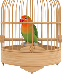 Small vibrantly colored lovebird with orange and green plumage perched inside a traditional round wooden birdcage with vertical bars pet parrot colorful