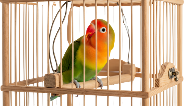 Small brightly colored lovebird with green orange and yellow plumage perched inside a light wooden birdcage with thin vertical bars parrot small bird pet bird