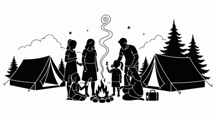 Family enjoying a warm campfire together under a starry night sky at a campsite.