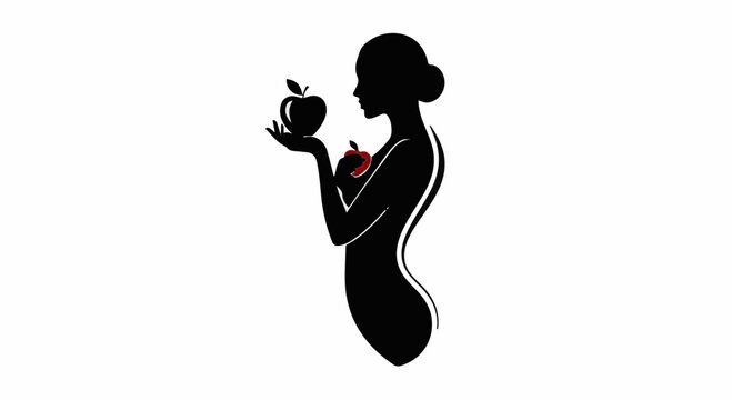 Elegant silhouette of a woman holding a symbolic apple, representing health and temptation.
