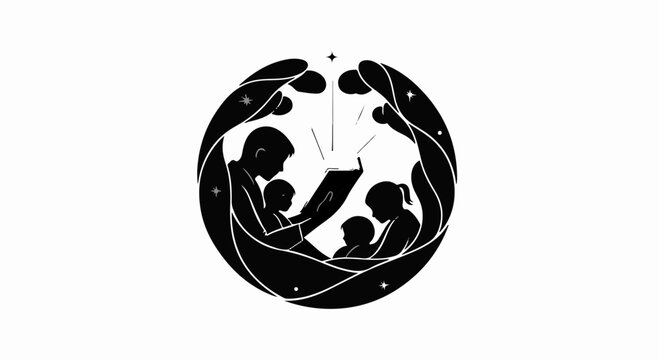 Warm embrace of family sharing a magical storybook adventure