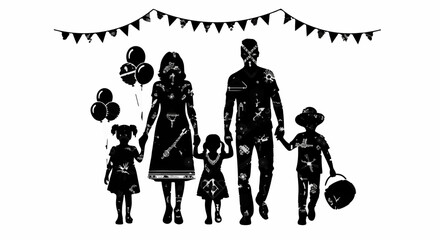 Joyful silhouette of a family holding hands, celebrating outdoors with festive decorations