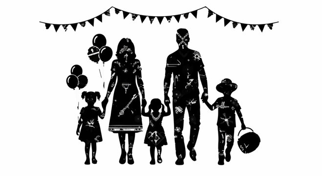 Joyful silhouette of a family holding hands, celebrating outdoors with festive decorations - Powered by Adobe