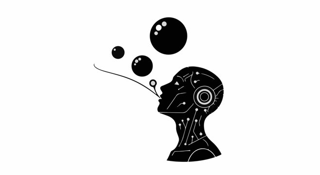 Futuristic robot head blows bubbles, symbolizing imagination and artificial intelligence