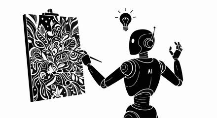 Robot artist creatively designs intricate pattern on canvas with bright idea bulb above
