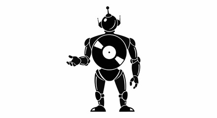 Retro robot with vinyl record emblem on chest offers assistance