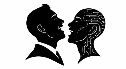 Human and AI connection represented by silhouetted profiles with circuit board details