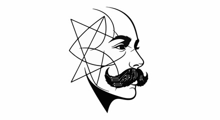 Artistic profile of a man with a prominent mustache and geometric lines overlaying his head, suggesting thought or complexity.