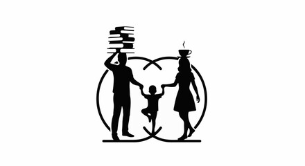 Family silhouette with child carrying books and coffee cup, symbolizing education and nourishment within a caring embrace.