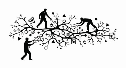 Silhouettes of people collaborating on a complex network, building connections and progress.
