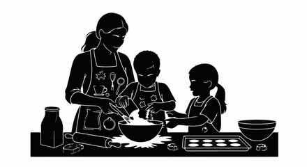 Mother and two children happily baking cookies together in the kitchen