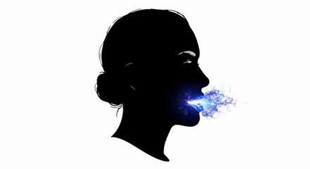 Silhouette of a woman's head exhaling blue light and energy, symbolizing creativity and ideas.
