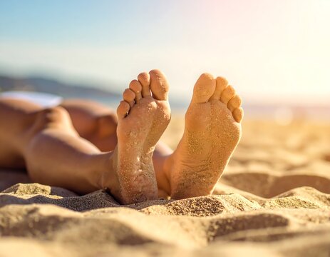 Bare feet relaxing on sandy beach.  Sunny day
