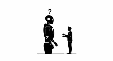 Human confused by towering robot with question mark overhead, concept of artificial intelligence and uncertainty.