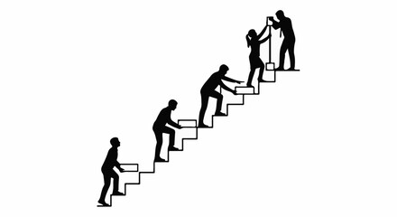 Silhouettes of people ascending stairs together, symbolizing teamwork and progress towards a shared goal.